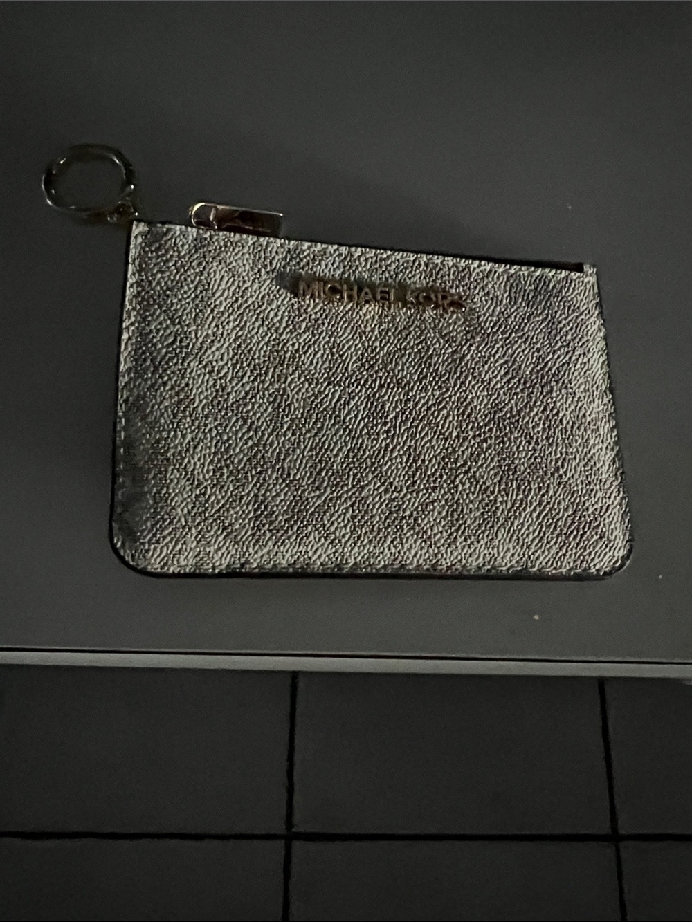 Michael Kors Silver Metallic Zip Card Holder with Key Ring